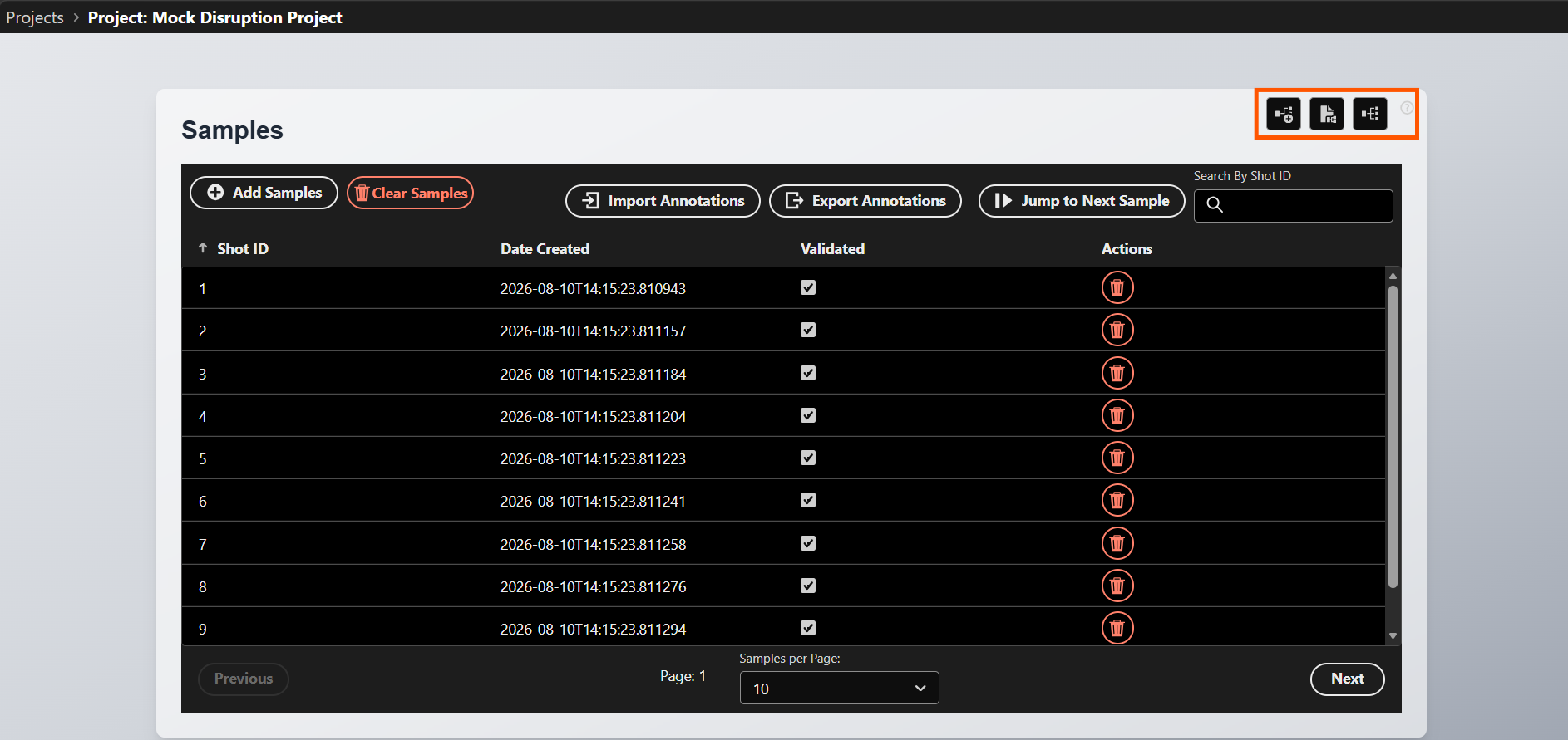 ML Model buttons in the top right hand corner of the Samples page of a project.