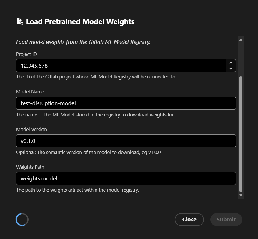 The ML model loading window, showing parameters for loading from Gitlab.