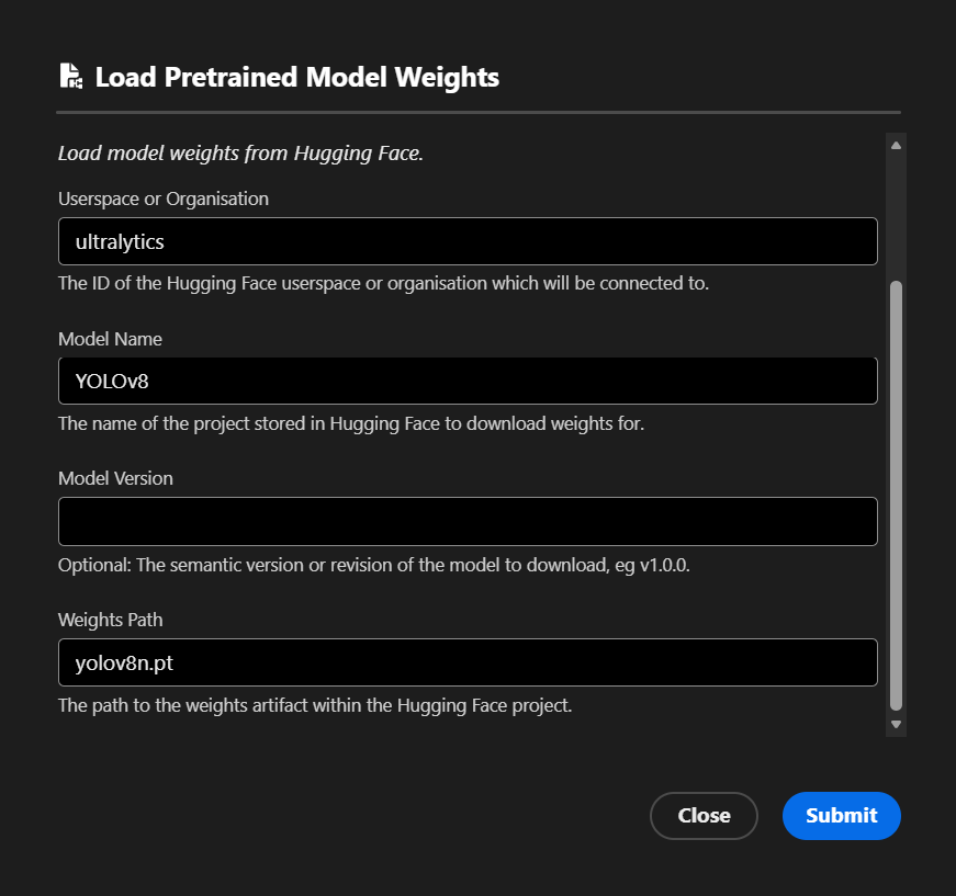 The ML model loading window, showing parameters for loading from Hugging Face.