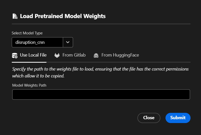 The ML model loading window, showing parameters for loading from a local file.