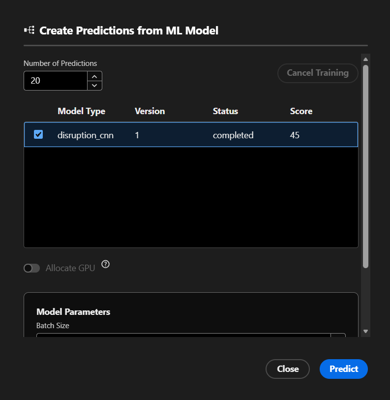 The ML model prediction window, showing a table of trained or loaded ML models available to create predictions with.