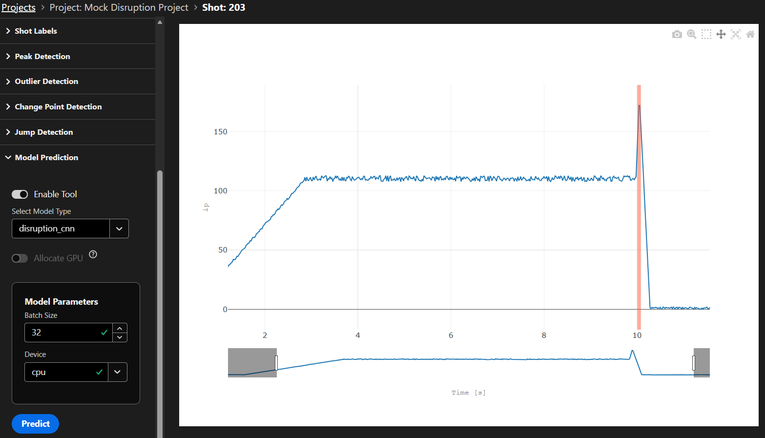 The ML model prediction tool with the sample view, allowing users to make predictions on specific samples.