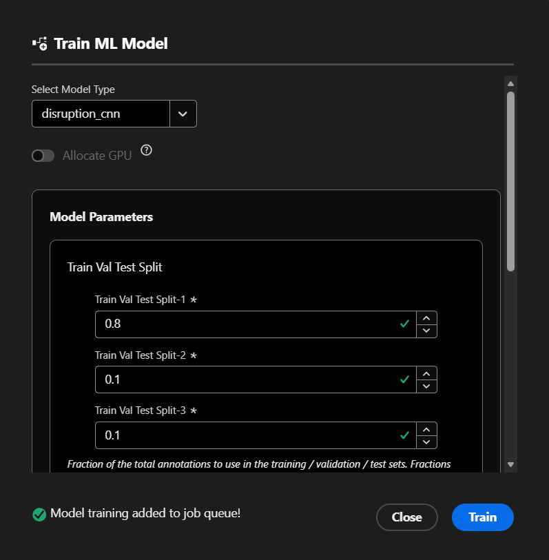The ML Model training window, showing model selection, GPU availability and model specific parameters.