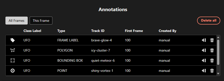 Video Annotations Table - All Frames